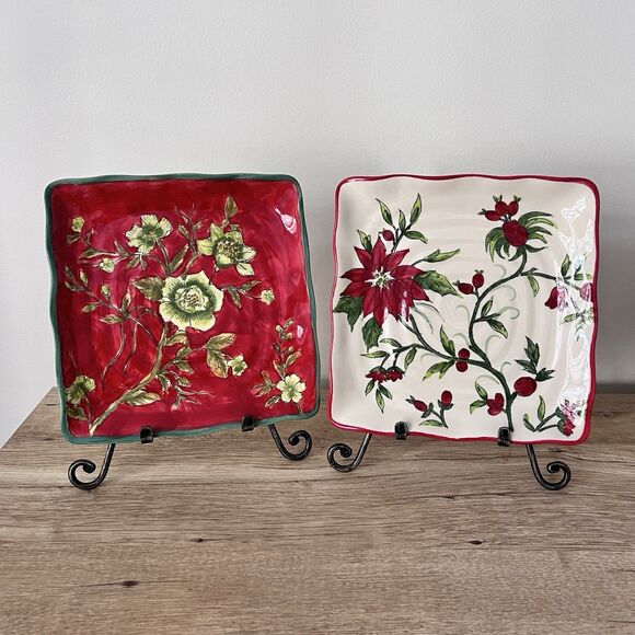 Red Poinsettia Floral Platters/Trays/Plates 8.75" Square Christmas & Stands - Picture 1 of 5